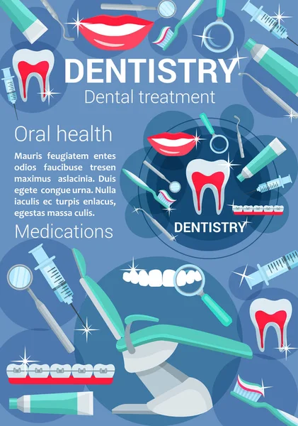 Tandheelkunde behandeling vector poster tandheelkundige accessoire — Stockvector