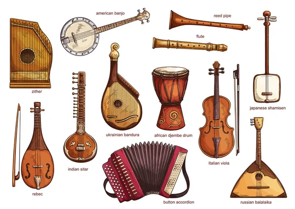 Conjunto de instrumentos musicales retro diseño realista — Archivo Imágenes Vectoriales