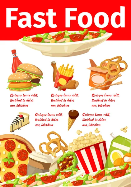 Junkfood Snacks Fast Food Menü Vektorplakat — Stockvektor