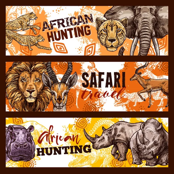 Safari africano caza bocetos pancartas con animales — Vector de stock