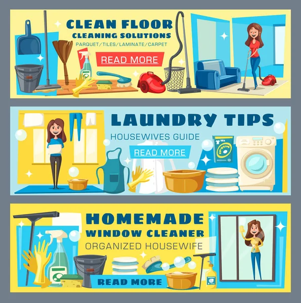 Housewife limpeza chão e banners guia de lavanderia — Vetor de Stock