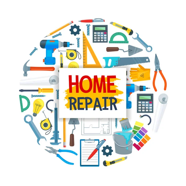 Cartaz de reparação de casa com ferramentas e materiais metálicos — Vetor de Stock