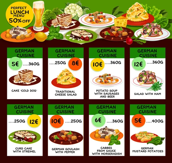 Menú de cocina alemana con precios y medio descuento — Vector de stock