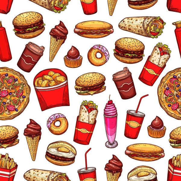 Restauration rapide snacks et desserts motif sans couture — Image vectorielle