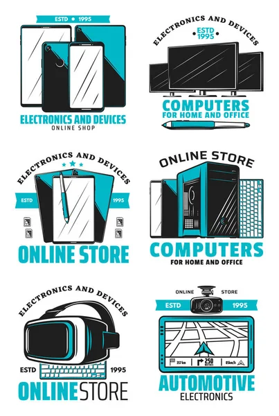 Dispositivos de tienda en línea e iconos electrónicos — Archivo Imágenes Vectoriales