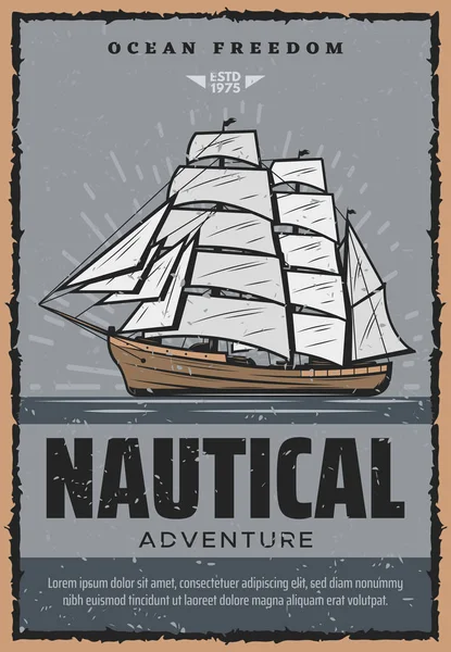 Cartaz retro de aventura náutica com navio de madeira — Vetor de Stock