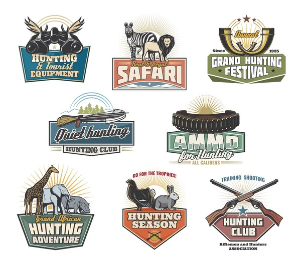 Lovecké safari ikony se zvířaty a lovec zbraně — Stockový vektor