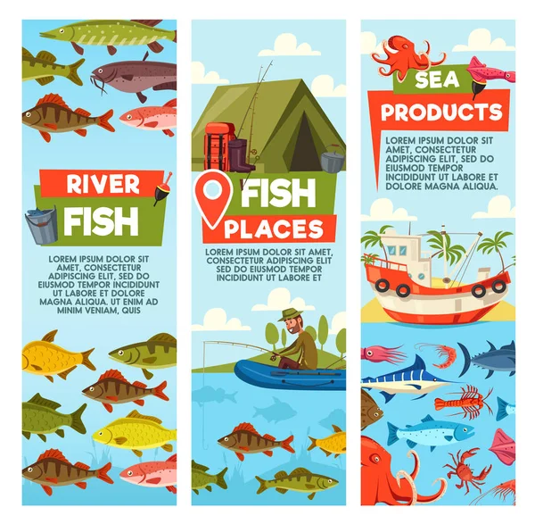 Bandeiras vetoriais para peixes e produtos do mar — Vetor de Stock