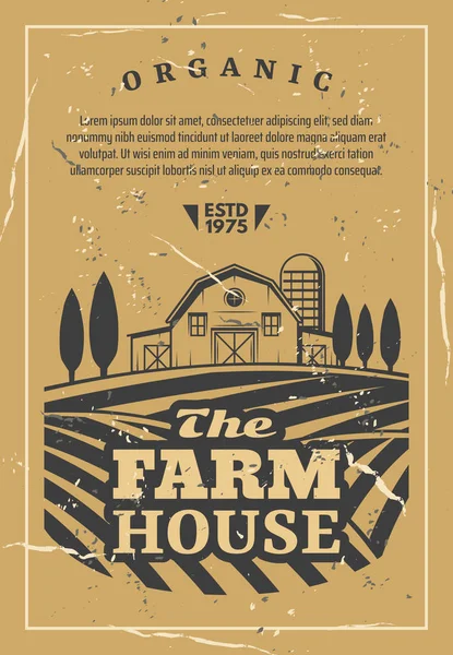 Farm house with field old retro vector poster — Stock Vector