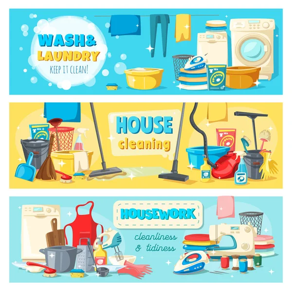 Schoonmaak hulpmiddelen voor Wasserij huishoudelijk werk diensten banners — Stockvector