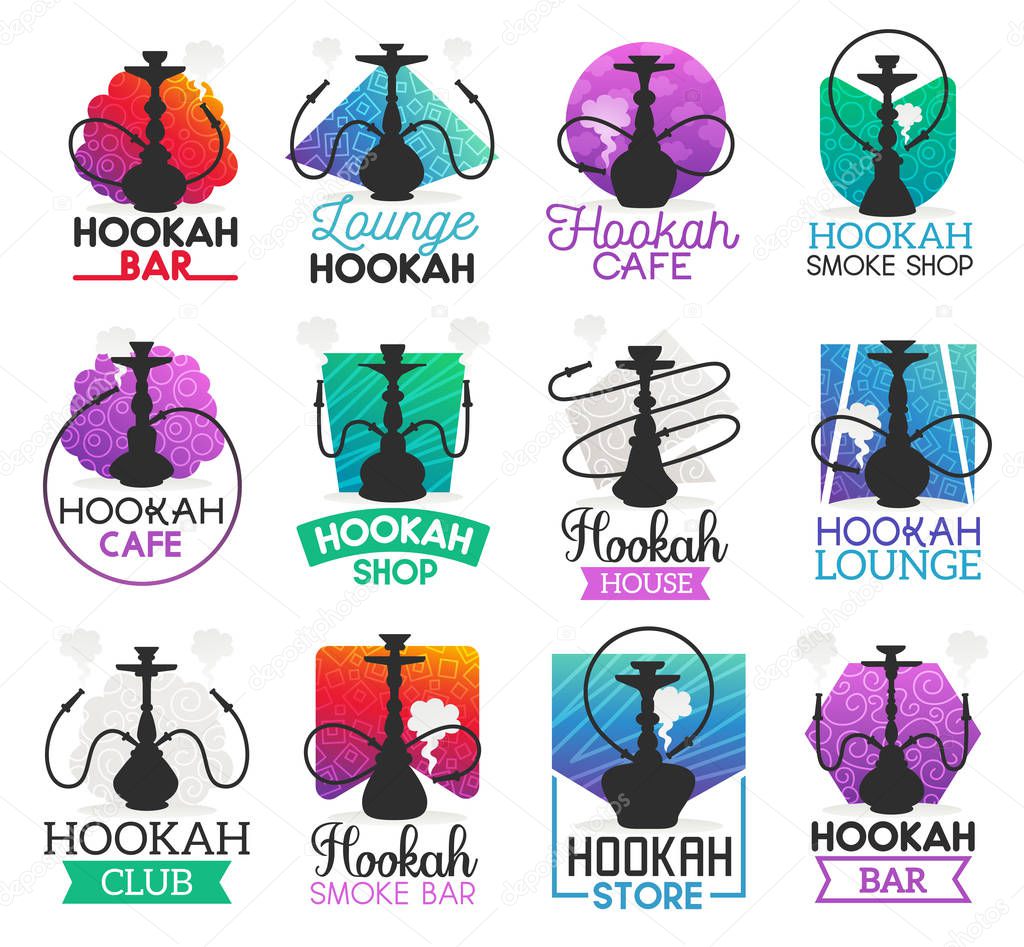 Hookah icons and symbols isolated. Lounge bar and smoke shop icons, hookah club and house emblems vector. Instrument for vaporizing and smoking flavored tobacco, alternative shisha smoking