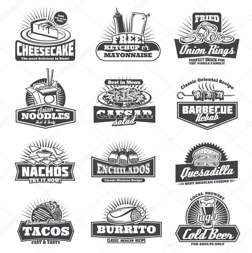 Takeaway badges sweet cheesecake, free ketchup and mayonnaise, onion rings and Asian noodles. Caesar salad and barbecue kebab, crispy nachos and enchiladas quesadilla, Mexican tacos and beer vector