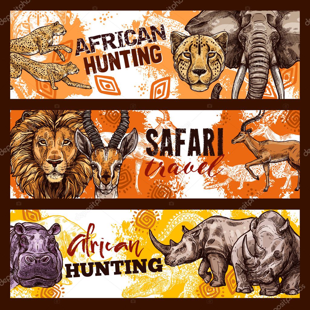 African safari hunting sketch banners with animals