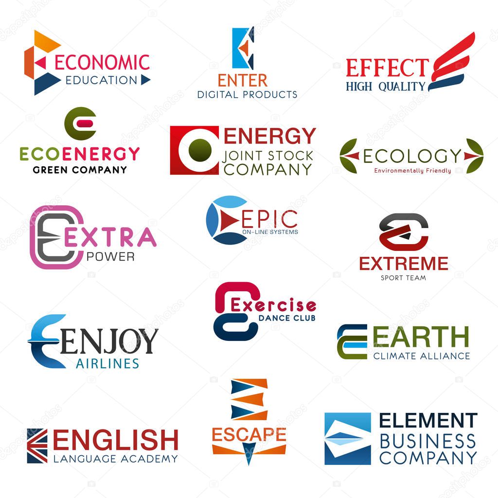 E letter symbols economic and education, English courses icon with flag, ecology protection organization signs. Extreme and exercise club, energy business and enjoy airlines, enter sign vector.