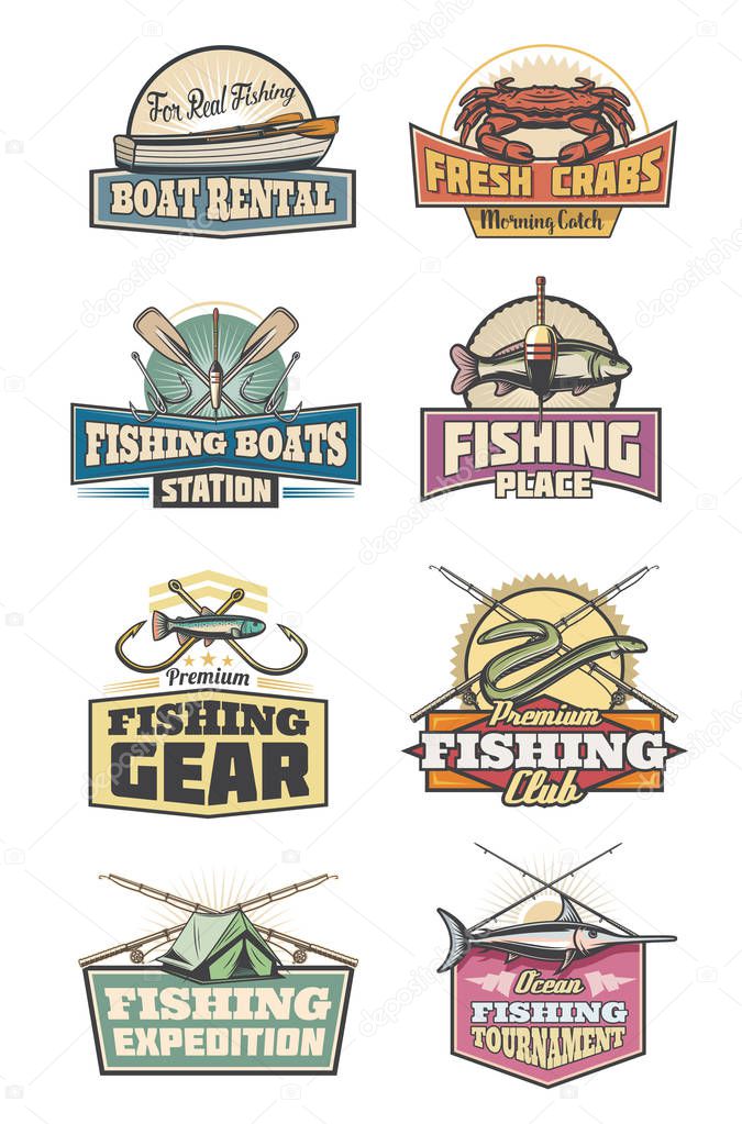 Fishing club retro icons with fish and fishery gear. Boats rental and fishing tournament, expeditions and championships, leisure and sport out, rods and hooks. Crabs and swordfish, baits vector
