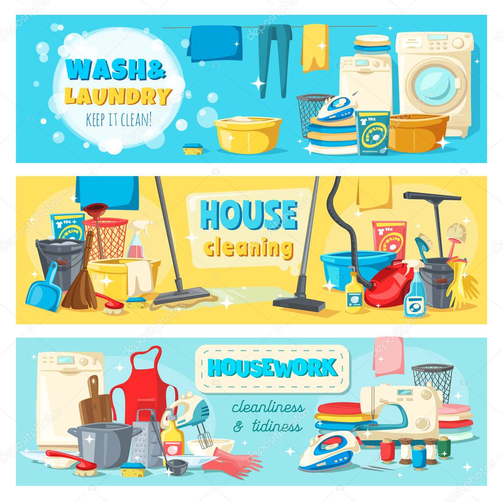 Laundry cleaning tools, housework services banners