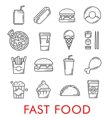Vektör fast food restoran ince çizgi simgeler