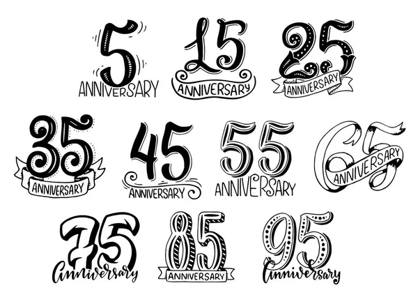 誕生日グリーティング カード デザインの記念年番号レタリング ベクトル分離落書きスケッチ セット 周年年齢番号リボンとレトロな書道を繁栄 — ストックベクタ