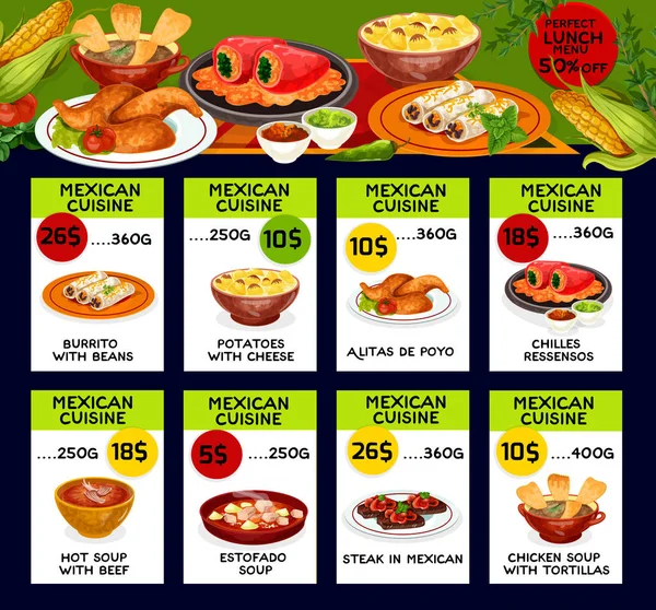 Biglietti dei prezzi dei menu vettoriali per la cucina messicana — Vettoriale Stock