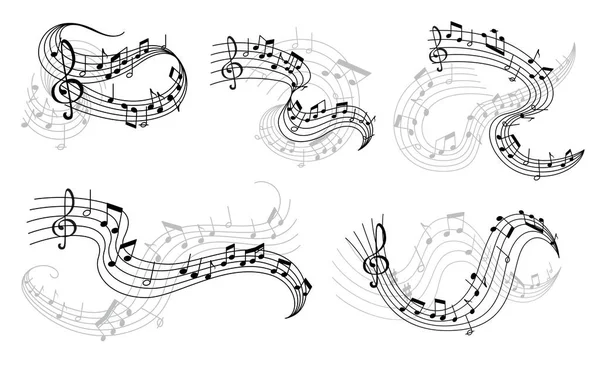 Notas de música vectorial en iconos de pentagrama — Vector de stock