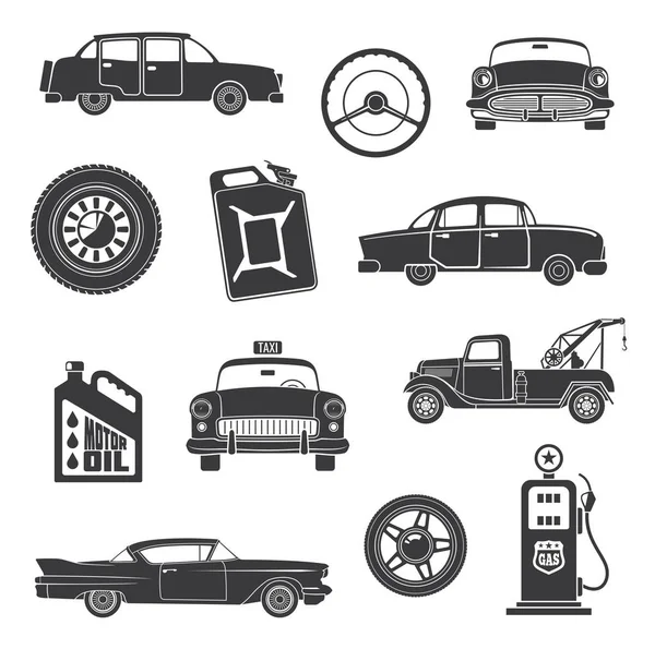 Vector-pictogrammen voor retro auto's en onderdelen — Stockvector