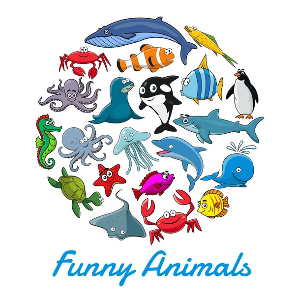 Vector poster of cartoon sea animals and fish — Stock Vector
