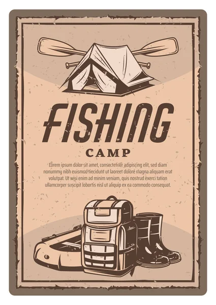 Vector fisher tent, boots and boat vintage poster — Stock Vector