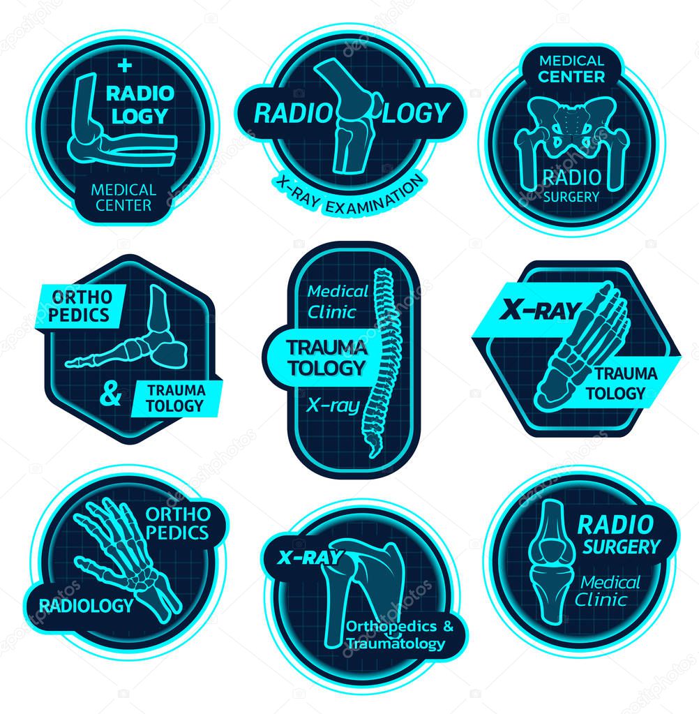 Orthopedics and traumatology icons of X-ray bones and joins for health center or radiology orthopedic clinic. Vector symbols of body joints and spine bones for corrective therapy and diagnostics