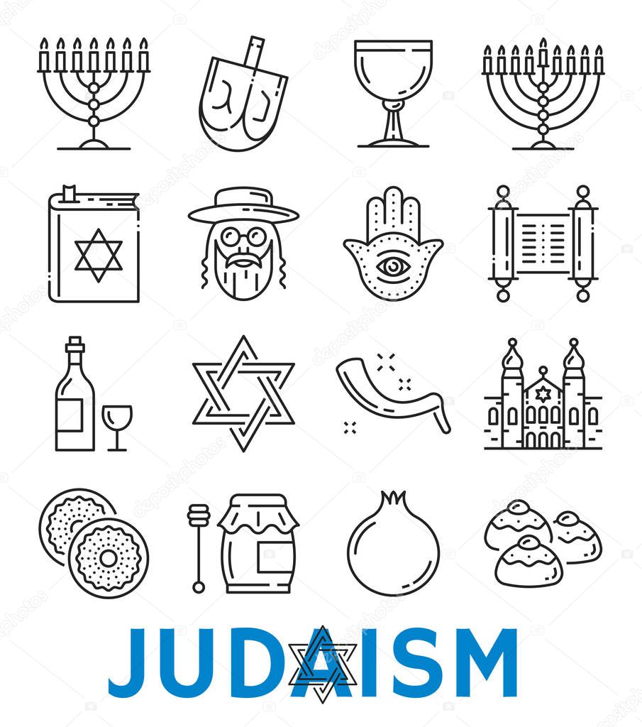 Vector Judaism religious symbols thin line icons