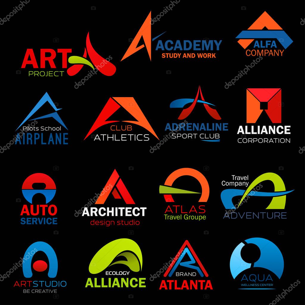 Letter A icons set for art or architect design studio and construction company design. Vector abstract geometric symbols of letter A for travel agency and car service company