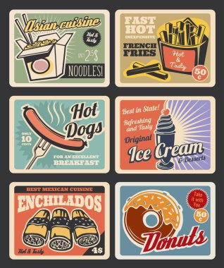Fast food restoran Amerika, Meksika ve Asya menü retro kart. Sosisli sandviç sosis, patates kızartması ve çörek, Çin noodle kutusu, dondurma tatlı ve Meksika böreği VINTAGE poster ile