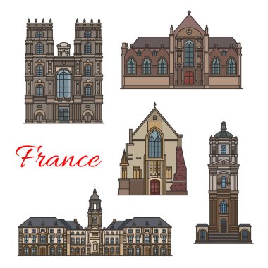 İnce çizgi bina Rennes ile Fransız seyahat dönüm noktası simgesi. Rennes Belediye Binası, St Germain Kilisesi ve Rennes Katedrali, Şapel St Yves ve Bazilikası St Sauveur Avrupa Turizm tasarımı için