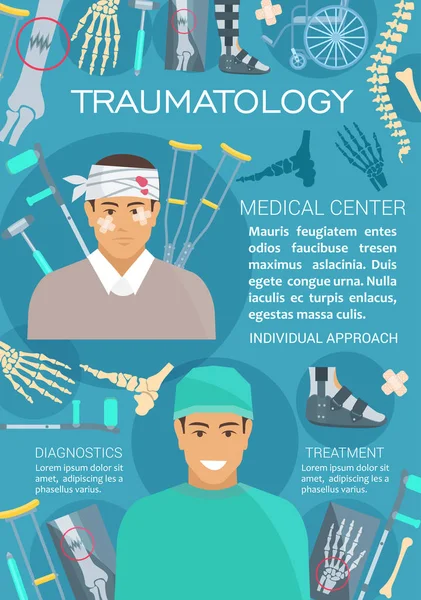 Travmatoloji ve travma cerrahisi tıp afiş — Stok Vektör