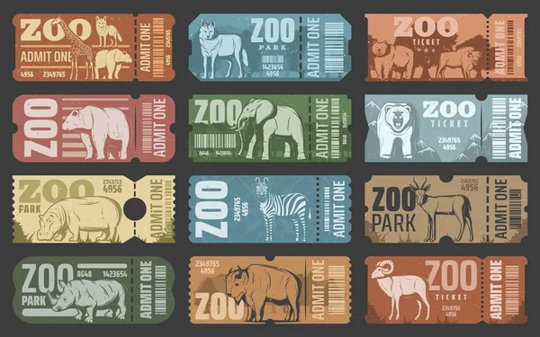 Biglietti del parco zoo con animali africani e forestali — Vettoriale Stock