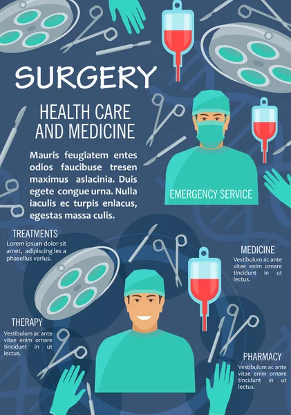 Cartel de medicina de cirugía con médico e instrumento — Vector de stock