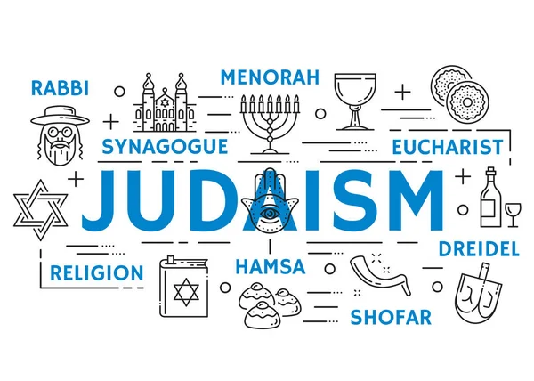 Judaísmo símbolos religiosos, ícones de linha fina —  Vetores de Stock