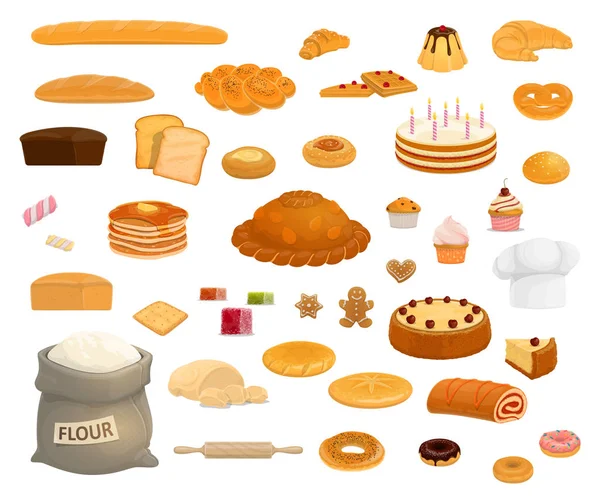 Sobremesas de pães e pastelaria, padaria — Vetor de Stock