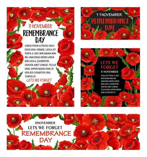 Remembrance Day red poppy flower poster design — Stock Vector