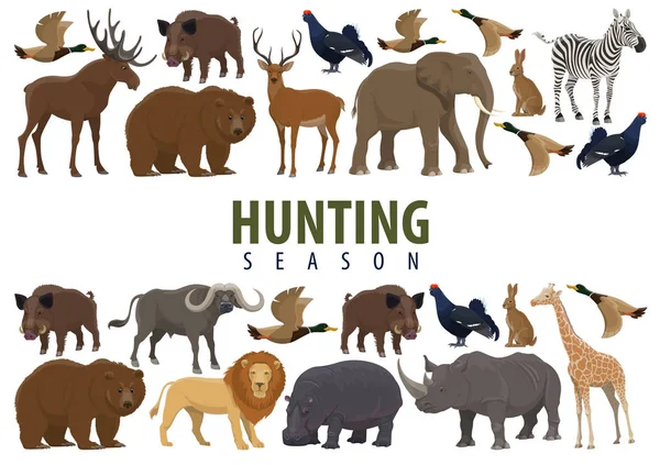 Banner de caza con animales salvajes y aves — Vector de stock