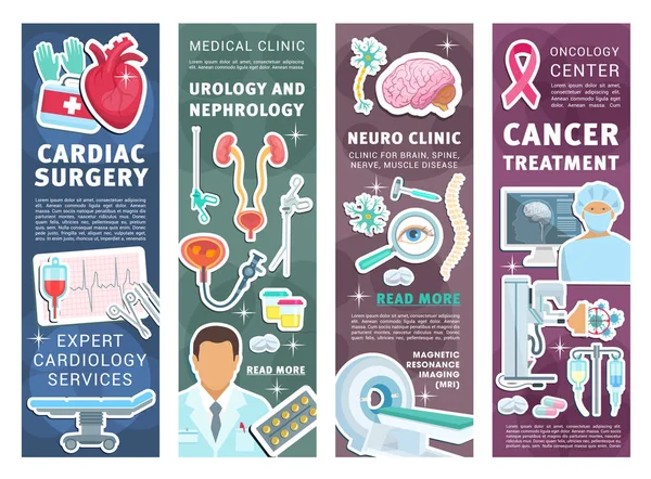 Bannières de clinique médicale avec médecins et instruments — Image vectorielle