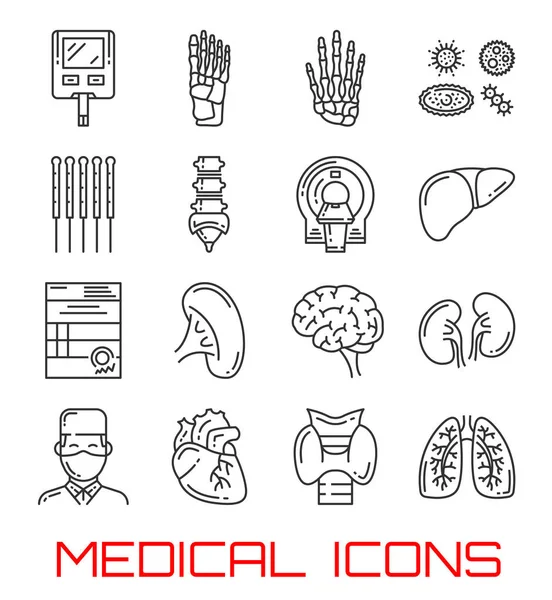 Медицинские иконы с человеческими органами и врачом — стоковый вектор