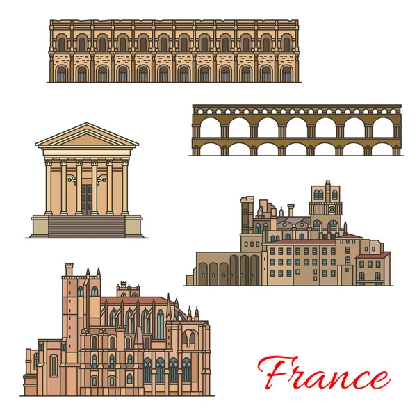 Monumentos turísticos franceses con edificios y puentes — Vector de stock