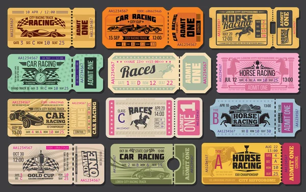 Автомобільні та кінні перегони ретро квитки — стоковий вектор