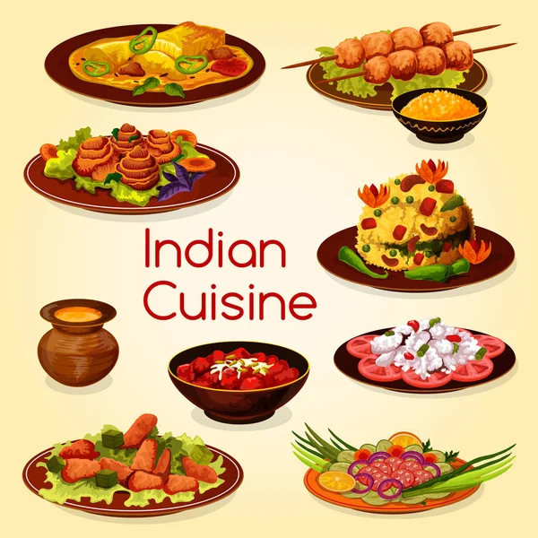 Masakan India dengan hidangan daging dan sayuran - Stok Vektor