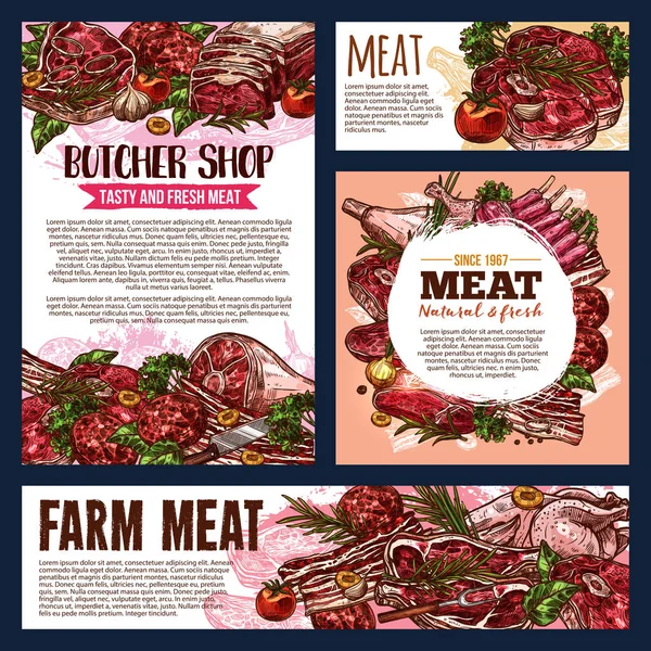 Carne y embutidos tarjeta de producto alimenticio. Carnicería — Archivo Imágenes Vectoriales