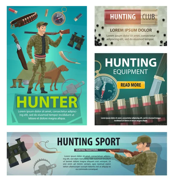 Caça cartões desportivos de caçador, rifle e equipamento — Vetor de Stock