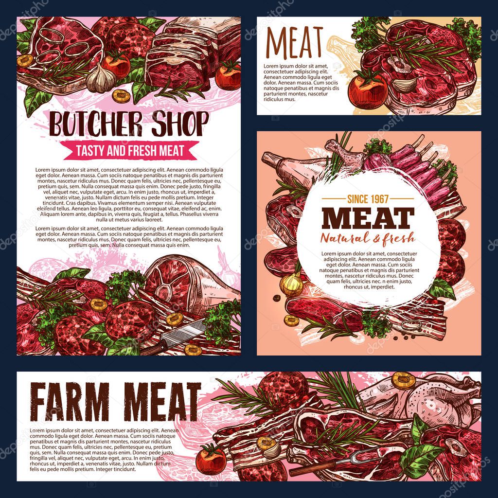 Meat and sausages food product card. Butcher shop