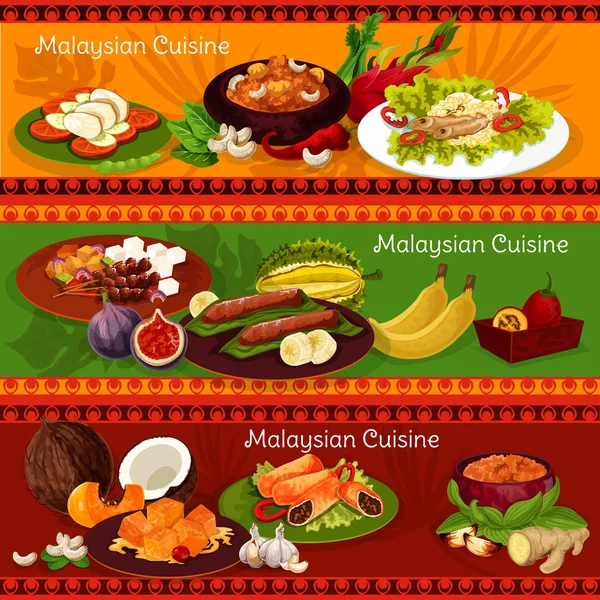 Banderas de cocina malaya con platos asiáticos — Vector de stock