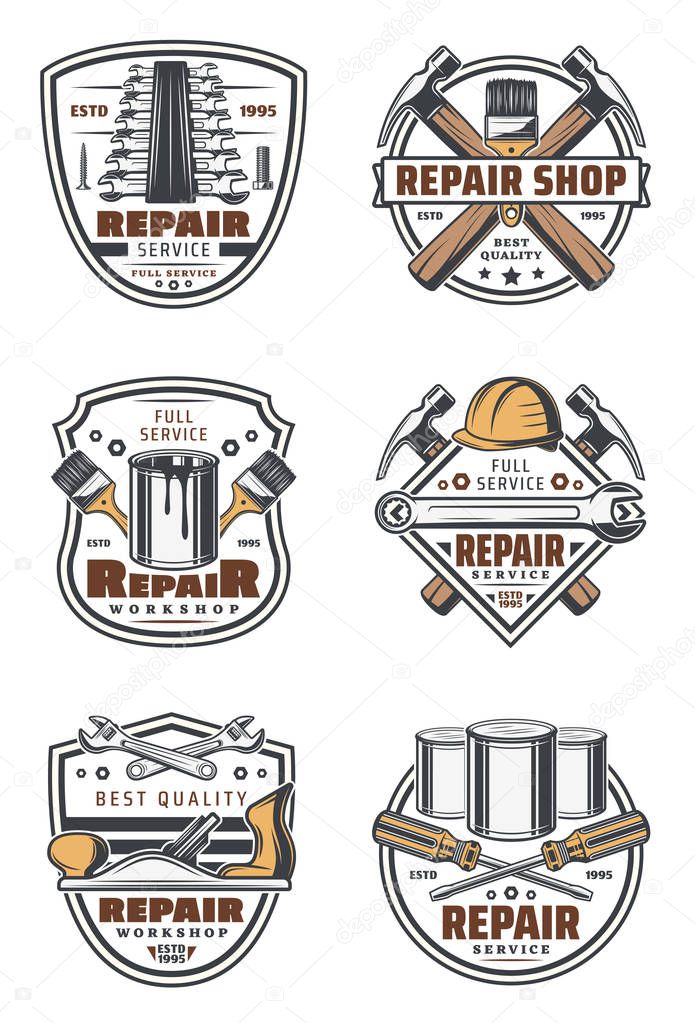House repair service retro badges with work tools on shields. Hammer, screwdriver and wrench, spanner, paint and brush, screw, hard hat and jack plane vintage symbols for construction themes design