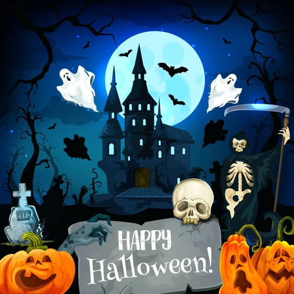 Tarjeta de felicitación del castillo de Halloween de vacaciones de otoño — Vector de stock